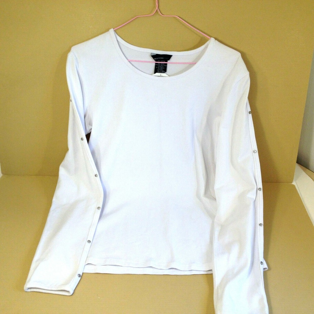 Womens White Western Ethics Long Sleeve Stretch Top Rhinestones Bling Size M